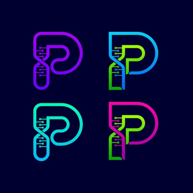 Letter P logo with Genetic DNA structure and Line Dots concept for Science Laboratory Company