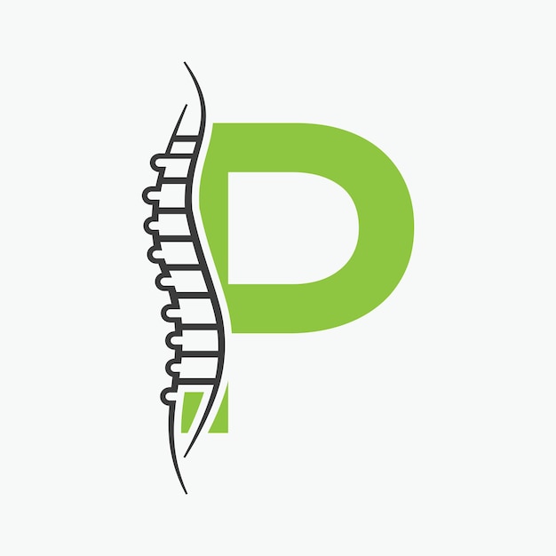 Vector letter p orthopedische gezondheid bone logo design met ruggengraatpictogram bone health logo sign