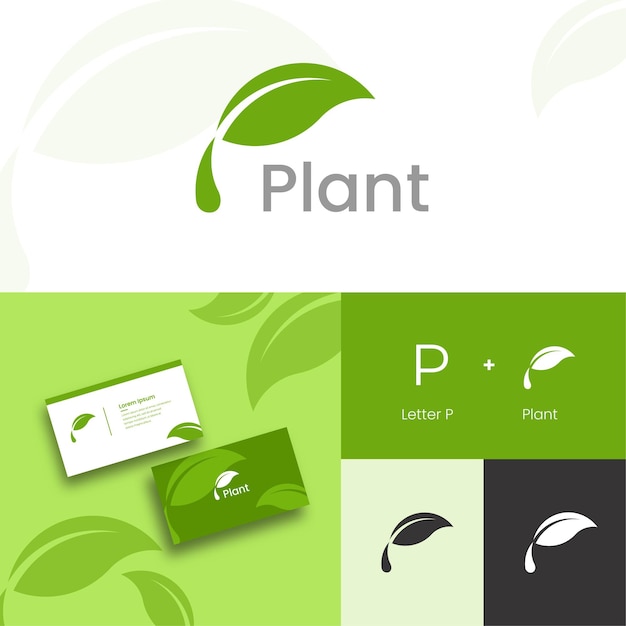 Letter P-plantenlogo met mockup-ontwerp voor visitekaartjes