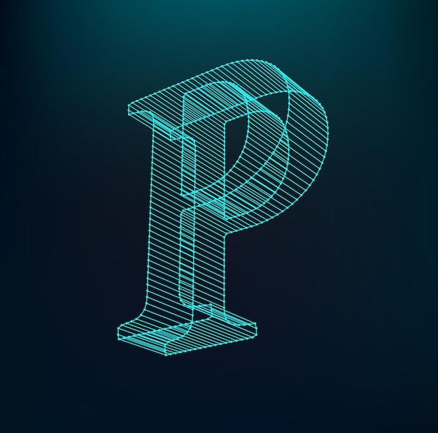 The letter p. polygonal letter. low poly model. the three-dimensional mesh. volume mesh character.