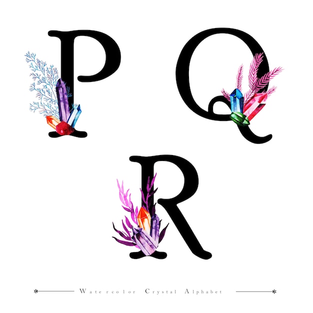 Letter p q and r with watercolor crystal