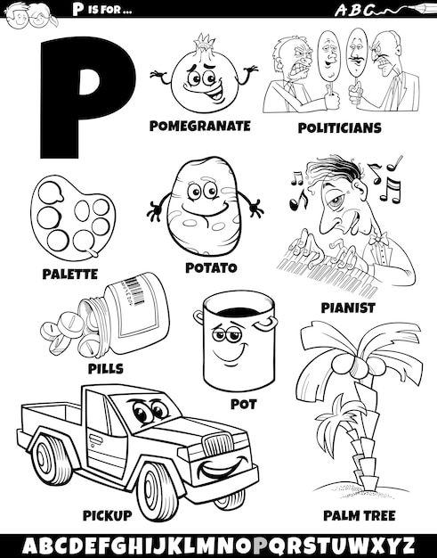 벡터 만화 물체 및 캐릭터와 함께 p 글자 세트 컬러 페이지