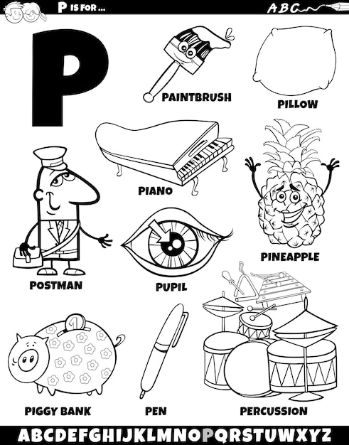 Vettore pagina da colorare set di lettere p con oggetti e personaggi dei cartoni animati