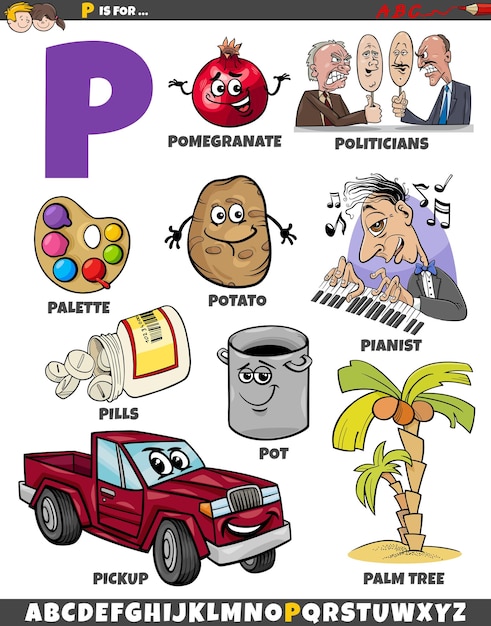 Vector letter p set with cartoon objects and characters