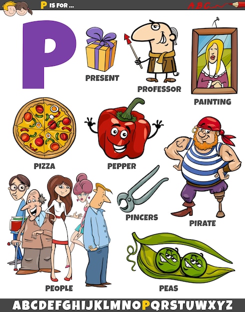 Letter P set with cartoon objects and characters