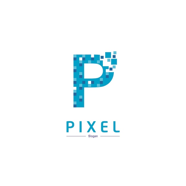 Vector letter p-technologielogo met pixelsymbool