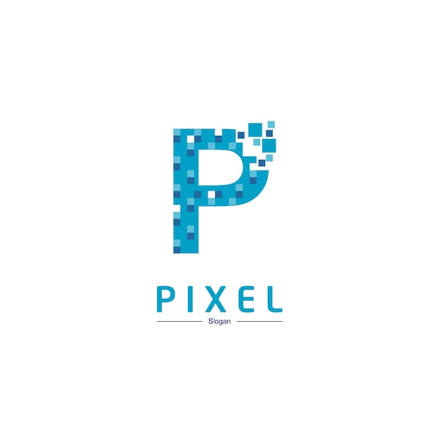 Logo della tecnologia della lettera p con il simbolo del pixel