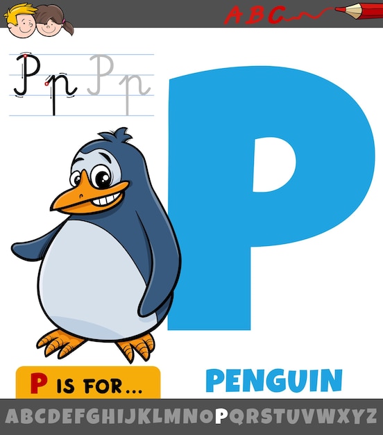 Letter p van alfabet met cartoon pinguïn dier karakter