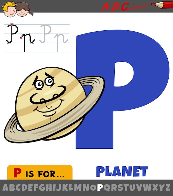 Letter p van alfabet met planeet stripfiguur