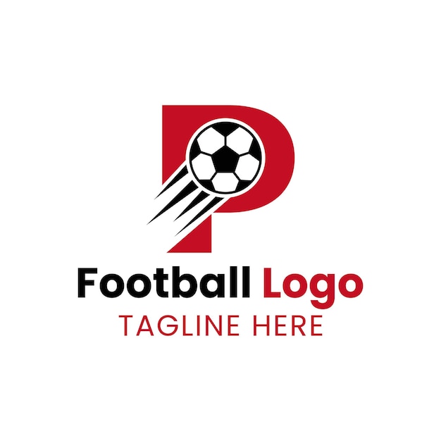 Vector letter p voetbal logo concept met bewegende voetbal icoon. voetbal logo symbool