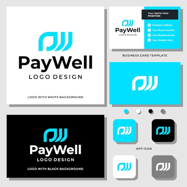 Letter P W monogram business payment logo design with business card template