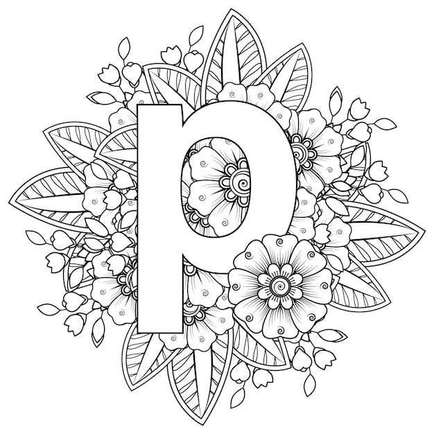 Letter p with mehndi flower decorative ornament in ethnic oriental style coloring book page