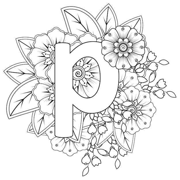 Letter p with mehndi flower decorative ornament in ethnic oriental style coloring book page