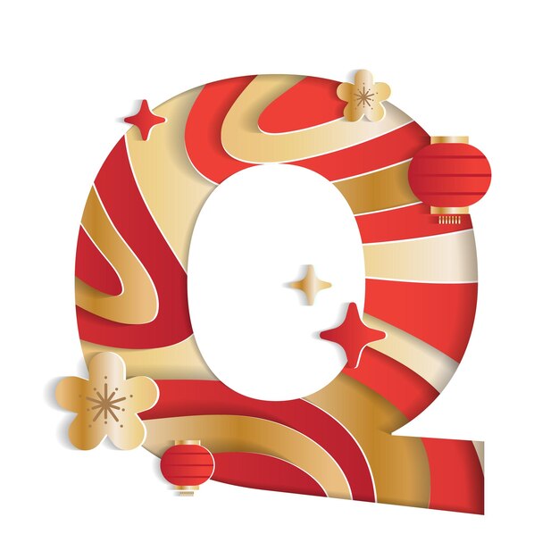 Letter Q Alphabet Font Chinese New Year Character Font Flower Lantern Red Gold 3D Paper Layer Cutout