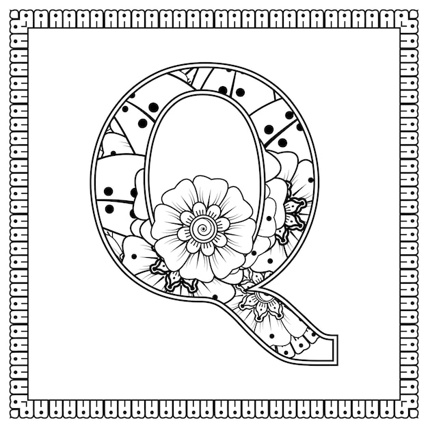 Letter q gemaakt van bloemen in mehndi stijl kleurboek pagina overzicht handdraw vectorillustratie