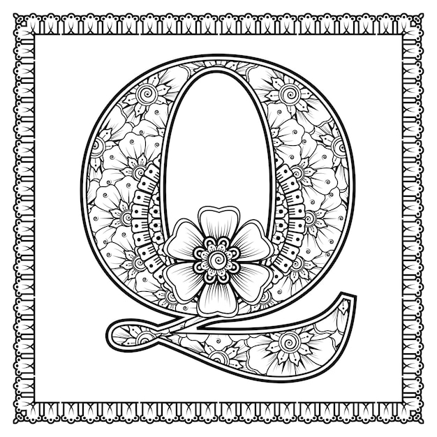 Letter Q gemaakt van bloemen in mehndi stijl kleurboek pagina overzicht handdraw vectorillustratie