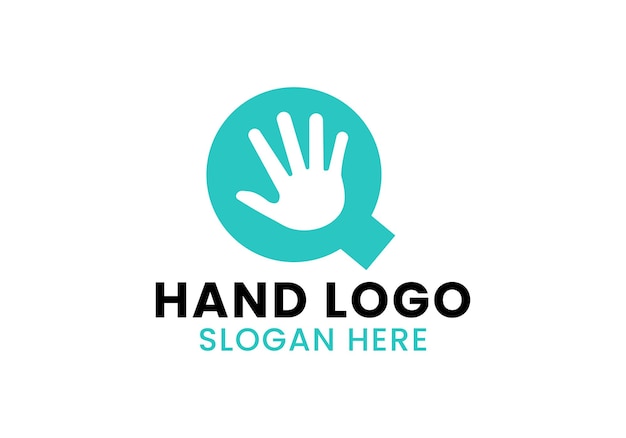 Concetto di logo della mano della lettera q per la cura delle mani, segno di beneficenza e simbolo del logo della donazione