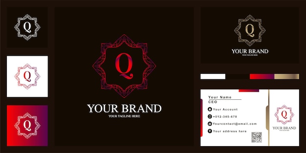 Letter q luxury ornament flower frame logo template design with business card.