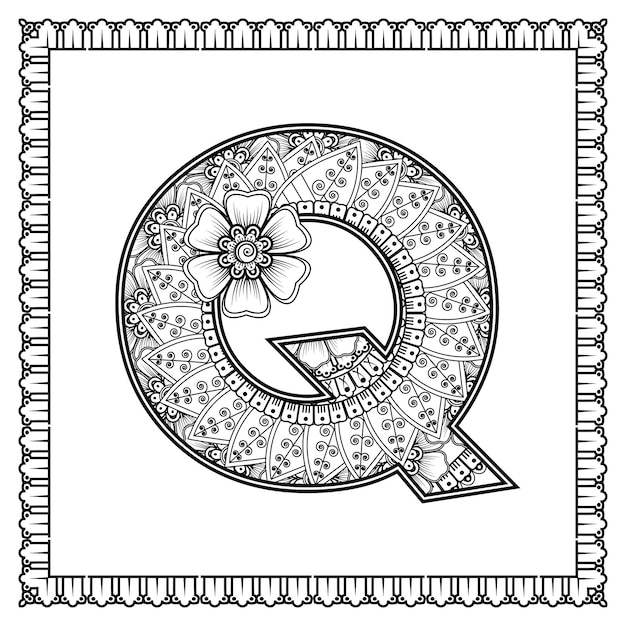 一時的な刺青スタイルの塗り絵ページ概要手描きベクトルイラストの花で作られた文字Q