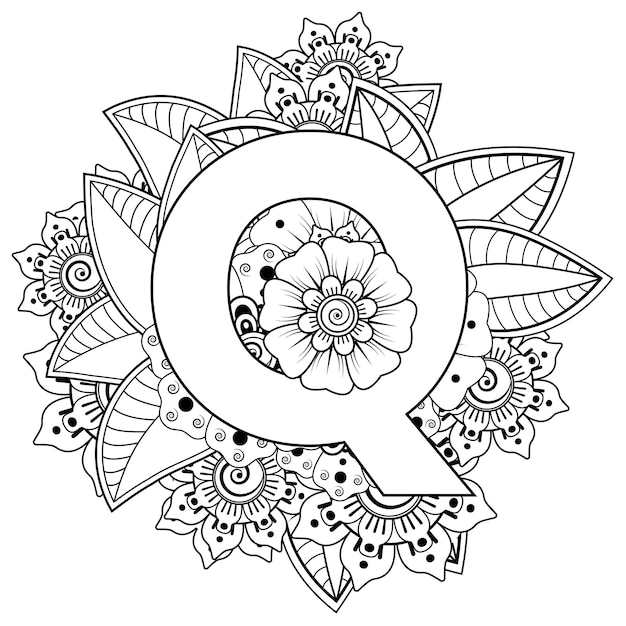 Letter q met mehndi bloem decoratief ornament in etnische oosterse stijl kleurboekpagina