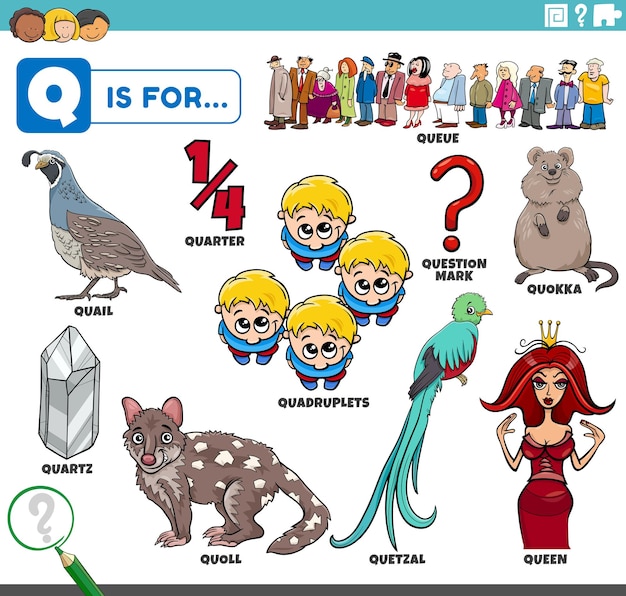 Letter q words educational set with cartoon characters