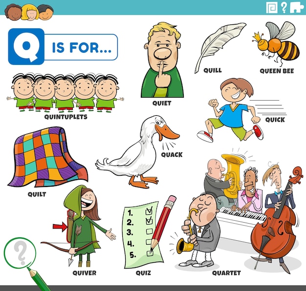 Letter q words educational set with cartoon characters