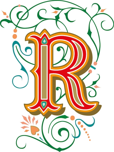 letter R Bloemen monogram. kleurrijke Vintage ornament eerste alfabet spiraal scroll stijl.