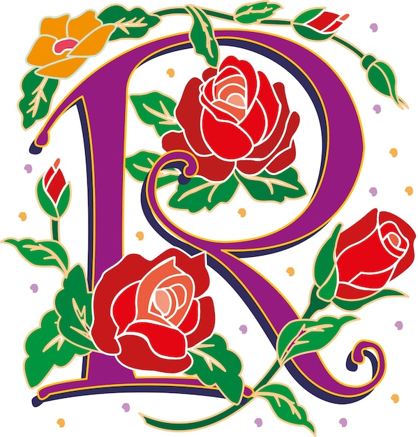Vector letter r bloemen roos monogram eerste alfabet. kapitaal vintage filigraan kleurrijke letters.