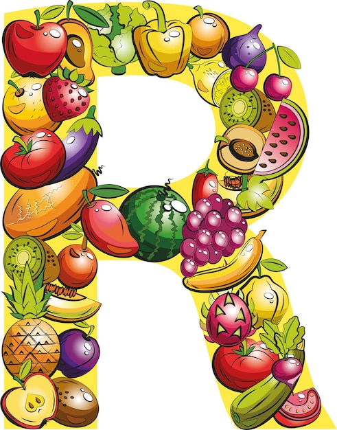 Letter R. Fruit letters. Collage of colored fruits and vegetables on the letter of the alphabet