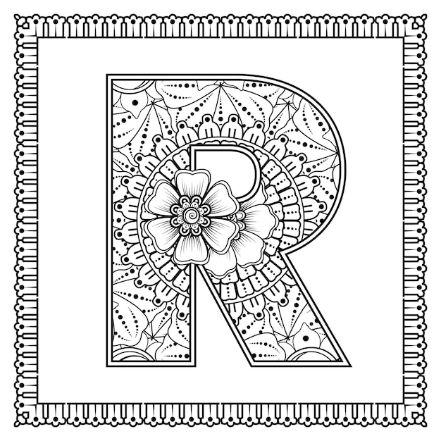 Letter R gemaakt van bloemen in mehndi stijl kleurboek pagina overzicht handdraw vectorillustratie