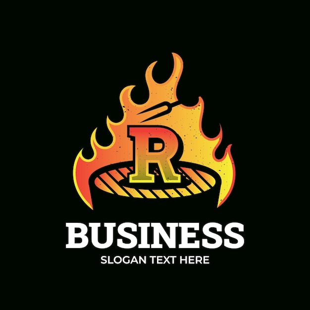 Letter R logo barbecue logo with bbq logotype and fire concept in combination with spatula vintage