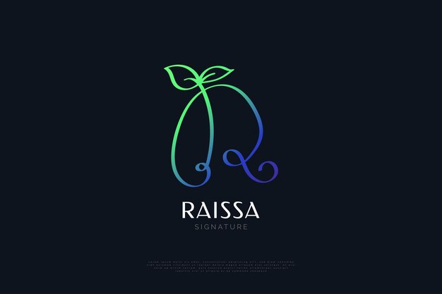 Letter r logo design with leaf and nature concept in blue and green gradient initial letter r signature logo with handwriting style for business brand identity