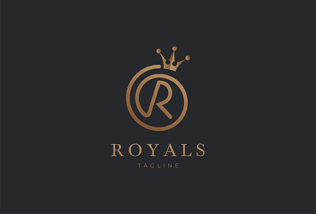 Логотип буквы R, роскошная буква R с короной золотого цвета, векторная иллюстрация