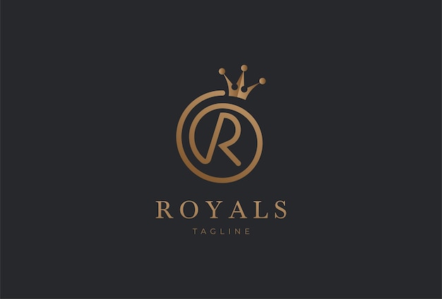 Letter R Logo, luxury letter R with crown in gold colour, vector illustration