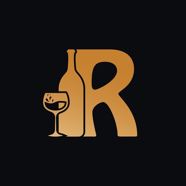 Letter R-logo met wijnfles ontwerp Vector illustratie op zwarte achtergrond Wijnglas Letter R Logo-ontwerp