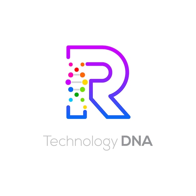 Vettore logo della lettera r con il concetto di dna della biotecnologia per la società aziendale di laboratorio di scienze della medicina