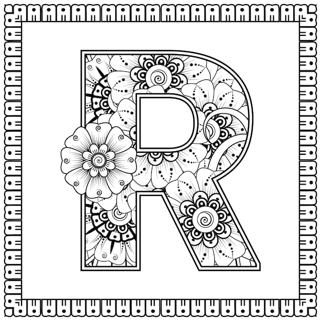 Letter R made of flowers in mehndi style coloring book page outline handdraw vector illustration