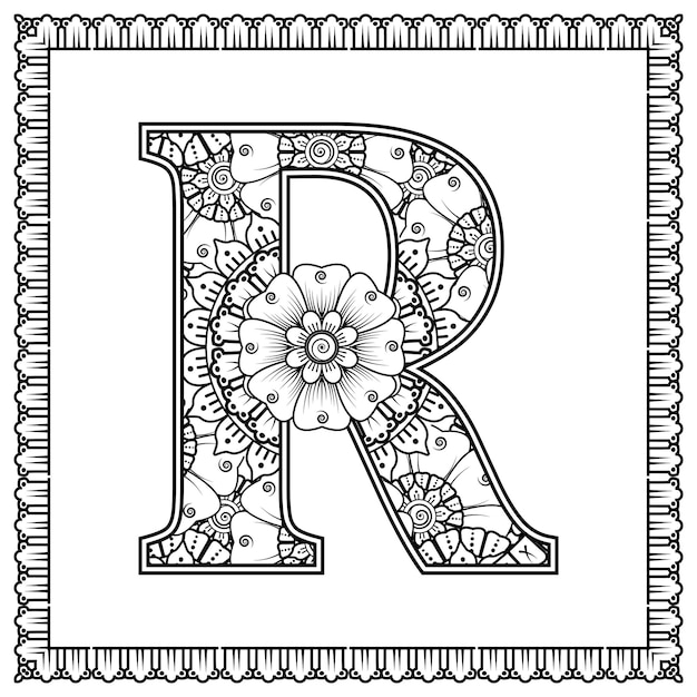 Letter R made of flowers in mehndi style coloring book page outline handdraw vector illustration