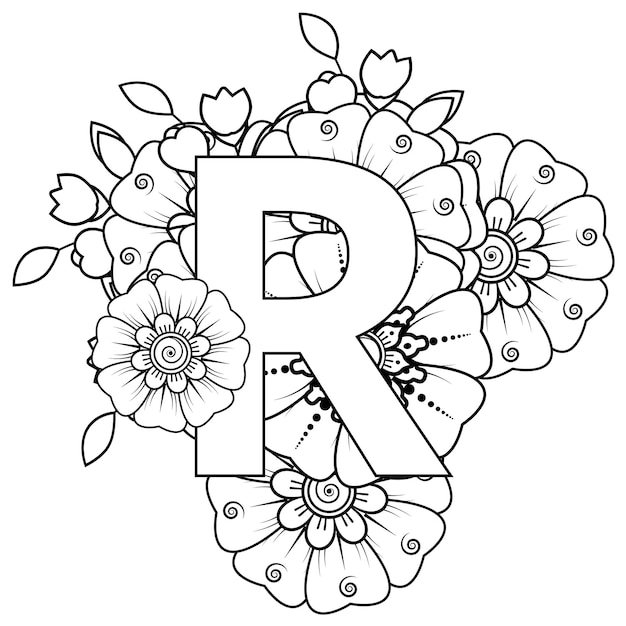 Letter r met mehndi bloem decoratief ornament in etnische oosterse stijl kleurboekpagina