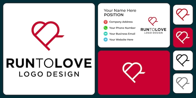 Letter R monogram love logo design with business card template