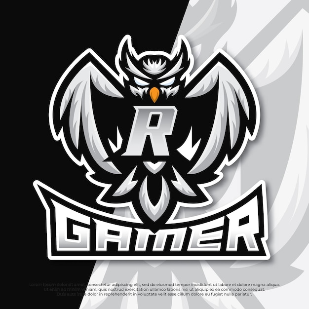 Lettera r owl mascot esport gaming logo design gufo uccello notturno illustrazione bird gamer esport logo