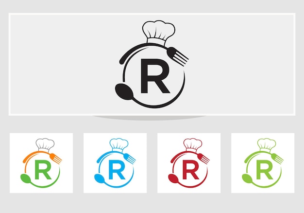 Letter R Restaurant Logo With Chef Hat, Spoon And Fork Symbol