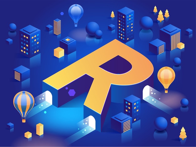 Letter r vector isometric abstract font with icons