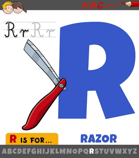 Letter R-werkblad met cartoon scheermesobject