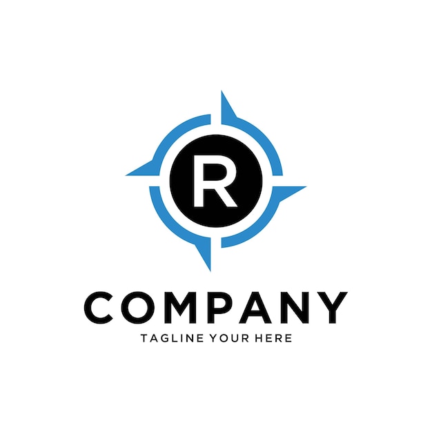 Lettera r con creative compass concept logo design template simbolo del segno del logo della bussola