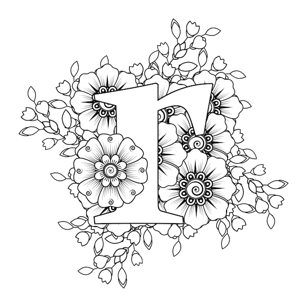 Letter r with Mehndi flower decorative ornament in ethnic oriental style coloring book page