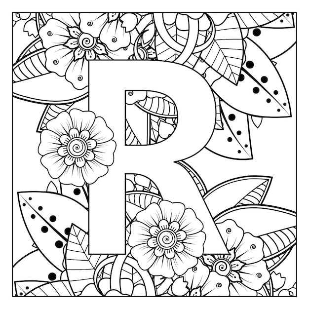 Letter r with Mehndi flower decorative ornament in ethnic oriental style coloring book page