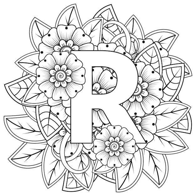 Letter r with Mehndi flower decorative ornament in ethnic oriental style coloring book page