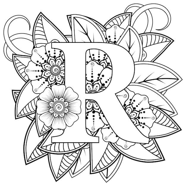 Letter R with Mehndi flower decorative ornament in ethnic oriental style coloring book page