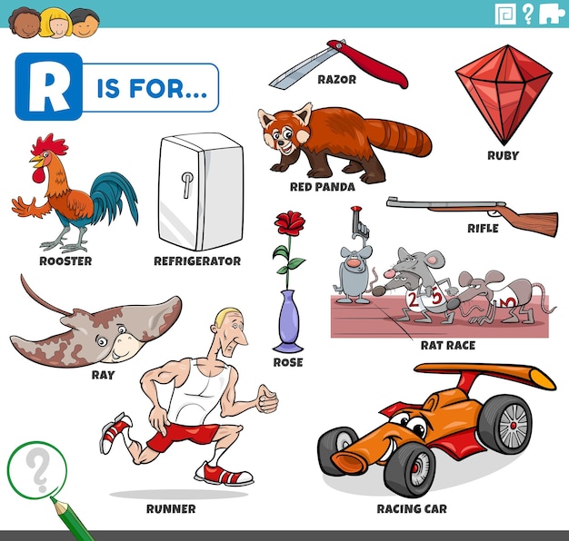 Letter r words educational set with cartoon characters